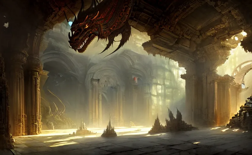 Image similar to The interior of an mytical and ancient temple dragons, in ruins, intricate, elegant, volumetric lighting, digital painting, highly detailed, artstation, sharp focus, illustration, concept art, ruan jia, steve mccurry