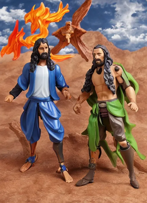 Image similar to Jesus vs the Devil in the flying sandals of salvation action figures toy pack