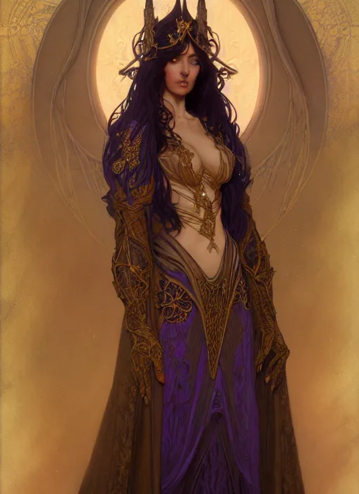 Prompt: character portrait of a wizard woman, tall, feminine, powerful, modestly clothed, voluminous, intricate, elegant, highly detailed, digital painting, artstation, smooth, symmetrical, sharp focus, illustration, art by gaston bussiere and alphone mucha