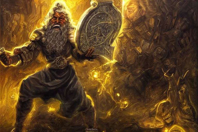 Image similar to mythological angry odin all father supreme God of thunder and smithing and artificial intelligence creating an artificial neural network with gold synapses on an anvil with his mighty hammer, high resolution, award winning art, trending on art station, sharp image, incredibly detailed, detailed character, realistic painting, hyperrealistic painting