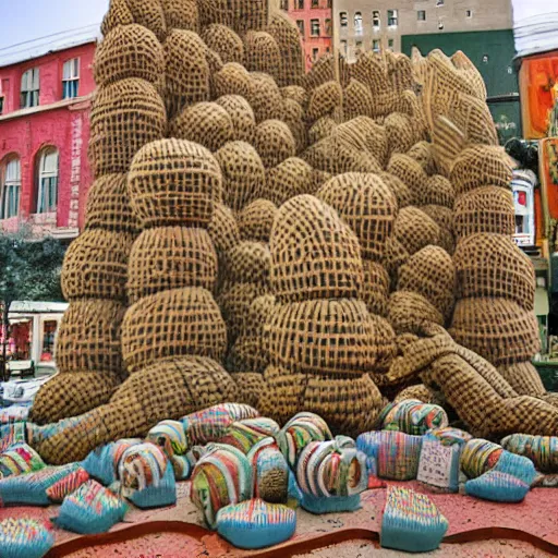 Prompt: imposing by mark briscoe, by todd mcfarlane umber. a installation art of a city made entirely out of kulich, a traditional russian easter bread. the city is bustling with activity. the installation art is playful & whimsical, with a touch of magic.