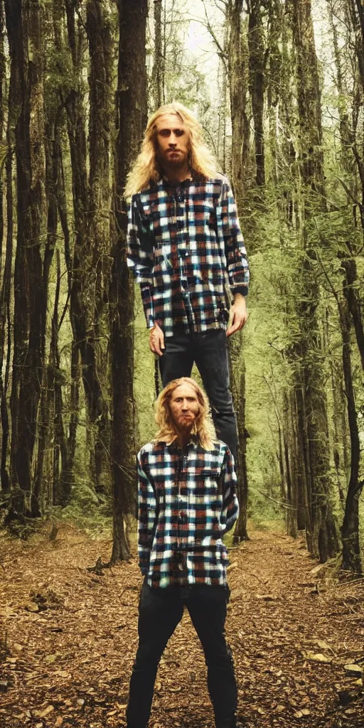 Image similar to tall!!! (((blond))) man wearing a flannel shirt in a forest, long wavy hair, long blond hair, blond, forest, trees, flannel shirt, lumbarjack, photo, low angle photo,