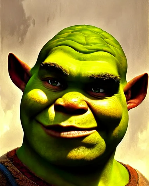 Image similar to a half body portrait of shrek, high detail, cleary see face, by gaston bussiere, bussiere rutkowski andreas rocha, bayard wu, greg rutkowski, odd nerdrum, maxim verehin, dan dos santos, masterpiece, sharp focus, cinematic lightning