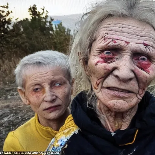 Prompt: selfie of the last surviving ukrainian with children, wild pain and damage to the body burns alive to the bone, painted in dirty yellow - blue colors, a huge nuclear explosion is approaching in the background