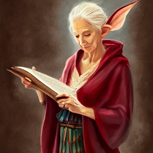 Prompt: A beautiful old female elf holding a scroll, preparing a spell, digital painting, detailed, realism, art station, intricate