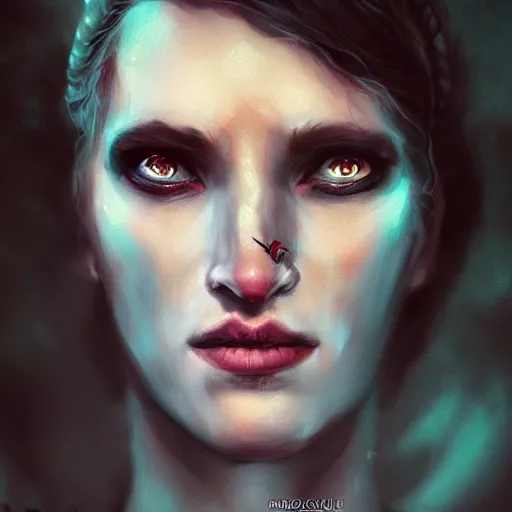 Image similar to portrait of a malevolent witch, D&D, beautiful, realistic, cinematic lighting, fantasy digital painting