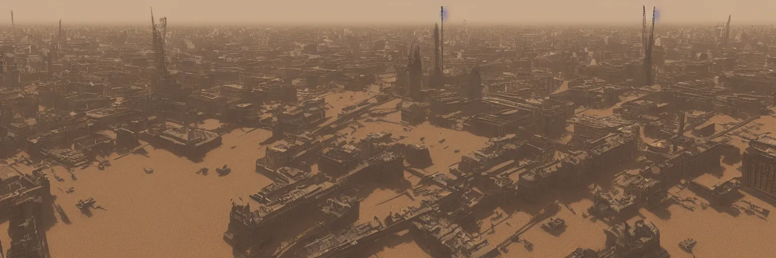 Image similar to london in a drought, covered with sand and corroding buildings, 4k, unreal 5