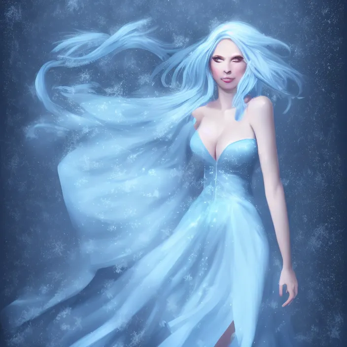 Image similar to full body portrait of a stunningly beautiful woman with pale blue hair wearing a dress made out of snowflake in the middle of a heavy snowstorm. award - winning digital art, trending on artstation