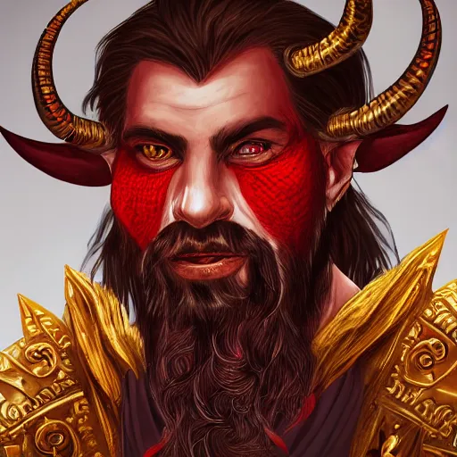 Image similar to dnd style portrait of a tiefling, male, red scales, red skin, a big black beard, completely golden eyes, 2 black ram horns growing out of his forehead,