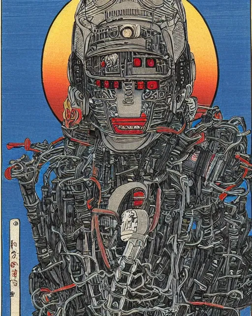 Prompt: Hiroshige portrait of a robot saint made of cables and robotic pod by Marc Silvestri