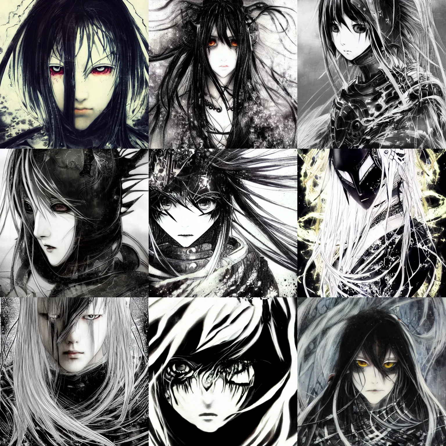 Prompt: Yoshitaka Amano blurred and dreamy illustration of an anime girl, black eyes, wavy white hair merging with the background, cracks on face, elden ring armour with the cloak, abstract black and white patterns on the background, noisy film grain effect, highly detailed, Renaissance oil painting, weird camera angle