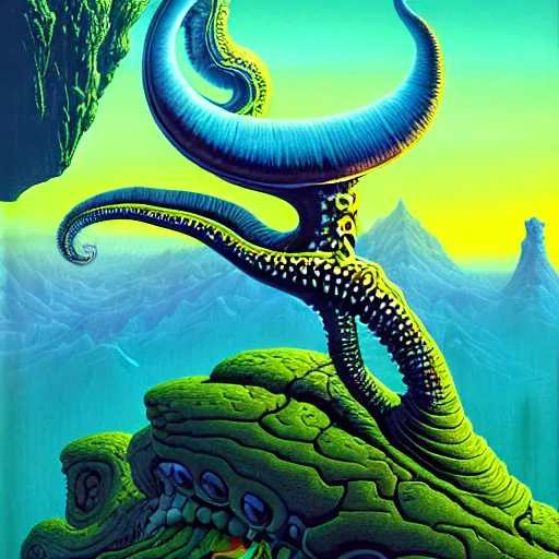 Prompt: highly detailed fantasy art of an alien cephalopod creature in a surreal landscape filled with mountains and mist, diffuse lighting by roger dean, kilian eng, mœbius