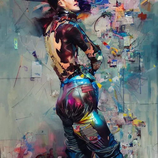 Image similar to grinning woman in a vr headset wearing leather outfit, dynamic energic pose, cyberpunk in the style of adrian ghenie, esao andrews, jenny saville, surrealism, dark art by james jean, takato yamamoto