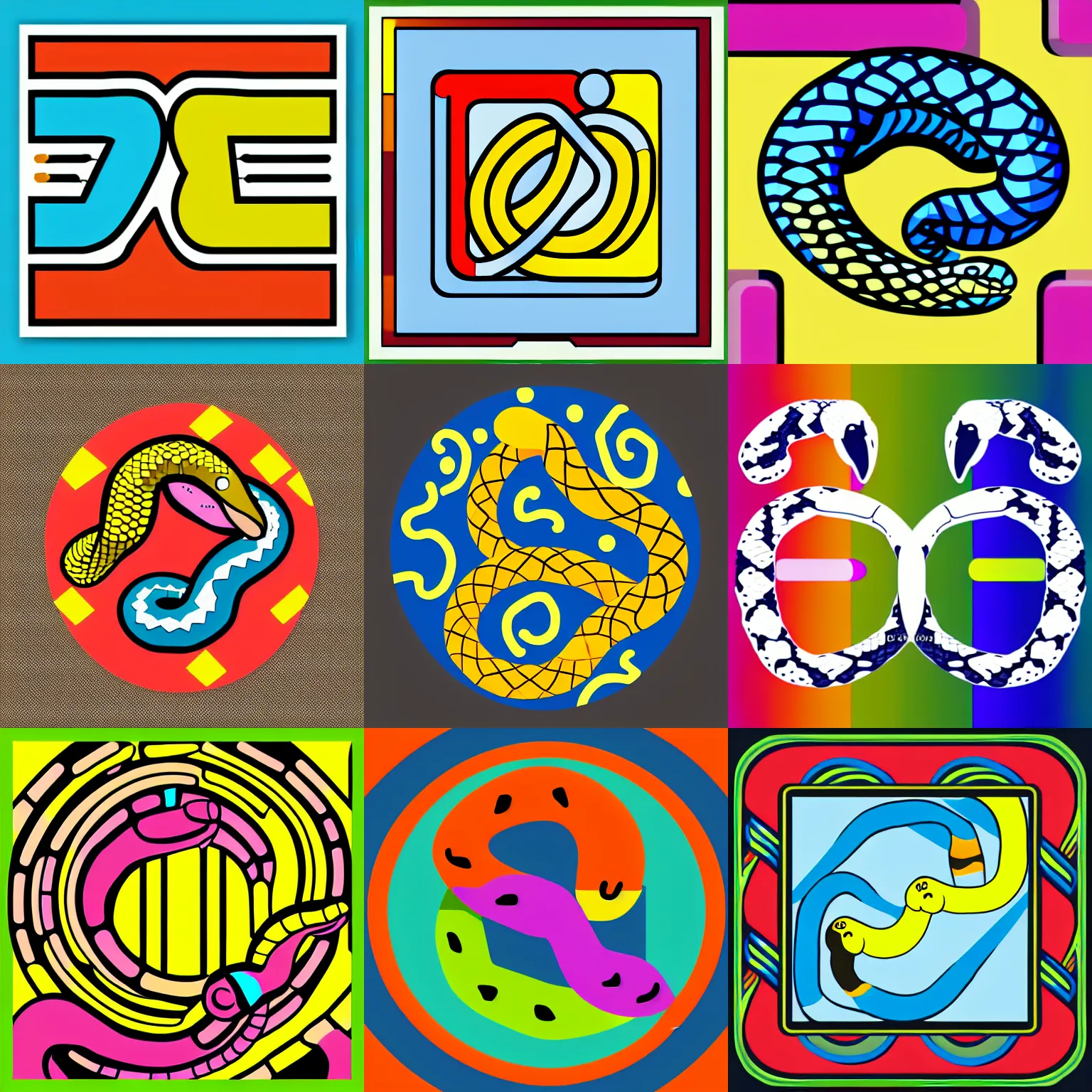 Prompt: python icon logo, blockwork art bold colours, two intwined snakes