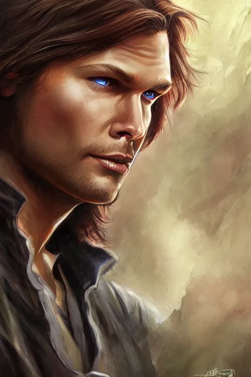 Image similar to front portrait of attractive sam winchester as a supernatural being, d & d!, fantasy style, sharp focus!, ultra detailed, art by artgerm and peter andrew jones, wlop
