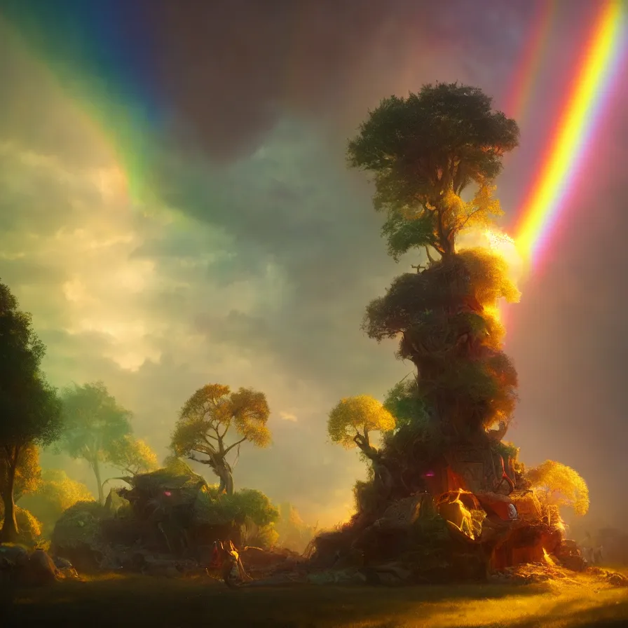 Prompt: idyllic carnival inside a tree cavity, rainbow across the sky, ethereal, golden swirling dust, iridescent, atmospheric, volumetric, cinematic, light breaking through clouds, greg rutkowski, wlop, otherworldly, glowing, trending on artstation, 8 k, unreal engine