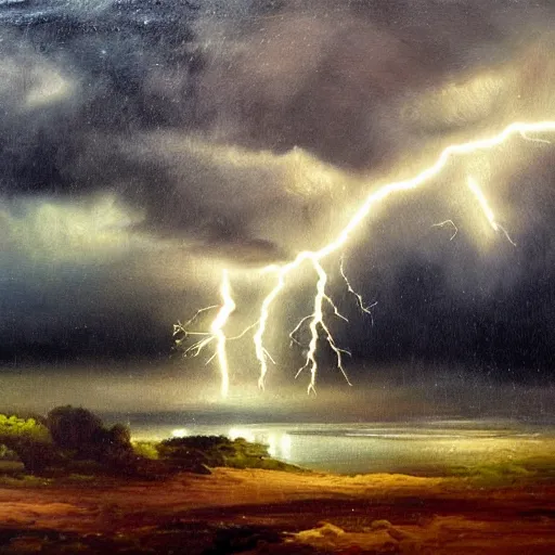 Prompt: thunderstorm with lots of lightning, oil painting
