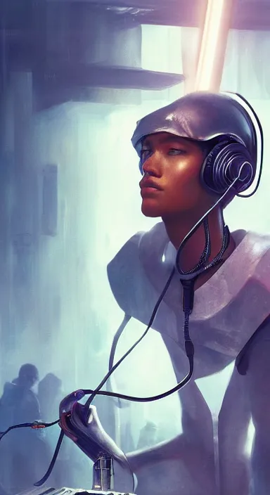 Image similar to full length portrait of a catholic cyborg saint djing with headphones on, cinematic background, high detail, digital art, 4 k, painted by greg rutkowski and asher brown durand, trending on artstation