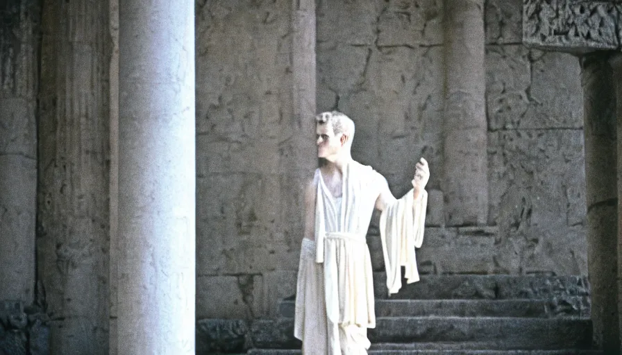 Prompt: 1 9 6 0 s movie still close - up of caligula in a white toga bleeding heavy on ancient stairs, cinestill 8 0 0 t 3 5 mm, high quality, heavy grain, high detail, dramatic light, anamorphic