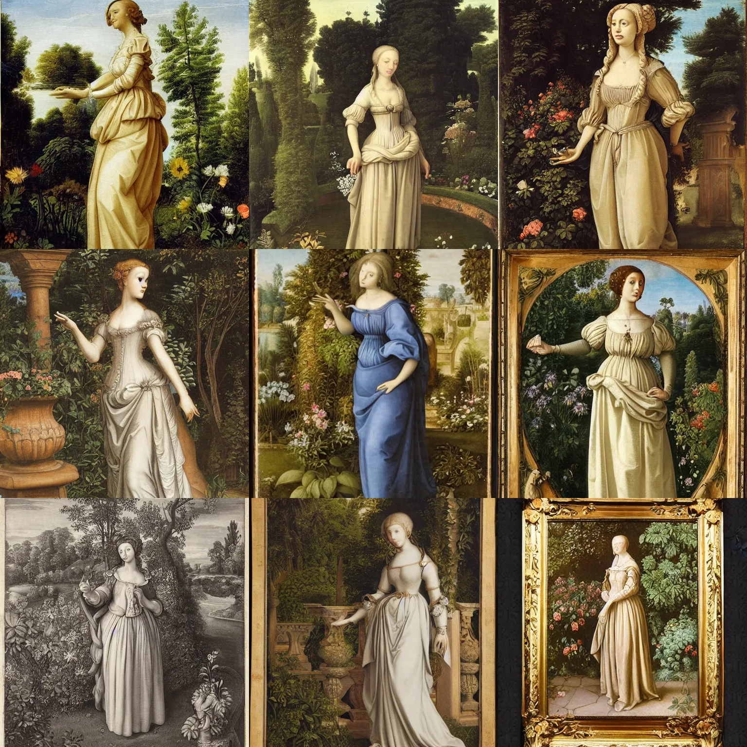 Prompt: a woman in a flowing dress, standing in a garden. renaissance, detailed, ornate, classical, elegant, serene