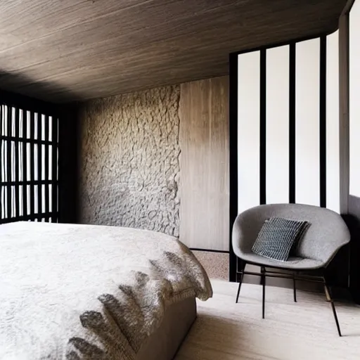 Image similar to bedroom, stone, interior design, stylish luxury hotel bedroom design, yakisugi, black vertical slatted timber, textures, feminine, black walls, art, Japanese pottery vase with flowers, kakejiku, seasonal, Japanese influences