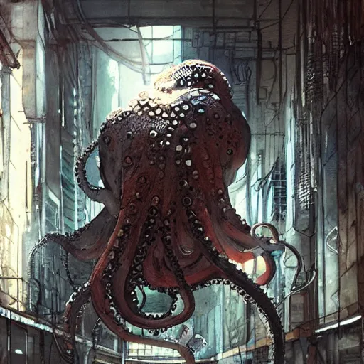 Prompt: Octopus in a hallway, cyberpunk, realistic, detailed, Industrial Scifi, paint, watercolor, in the style of Ashley Wood and Wadim Kashin