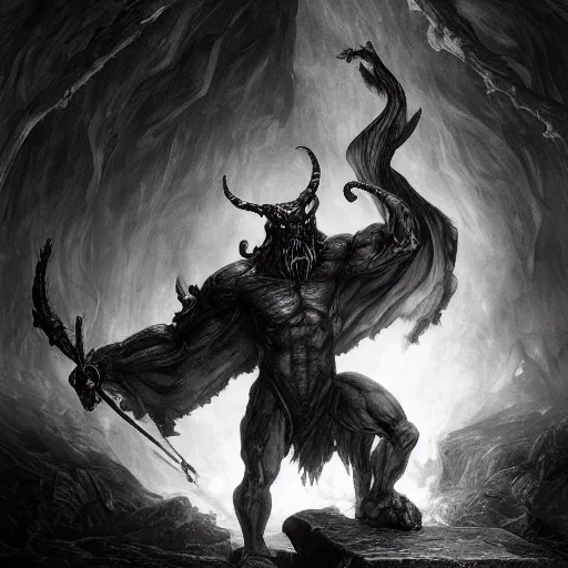 Image similar to full body, grayscale, muscled humanoid balrog demon, horns, claws, large horned tail, heroic pose, flames, fire, tarot, Gustave Dore, Greg Rutkowski,