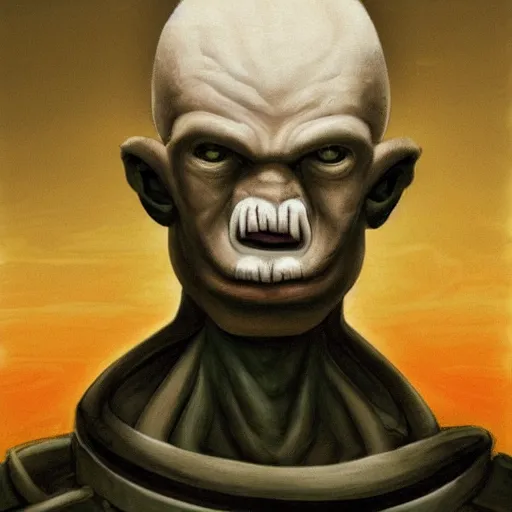 Prompt: hulking albino mutant with strong jaw and strangely broad nose with vacant black insect eyes, wearing brutalist ivory powered armor :: three tendrils extending from shoulder :: watching the sunset in the far distance across field of strange spiral ruins :: propaganda portrait of important general with moody lighting by Carvaggio and Rembrandt