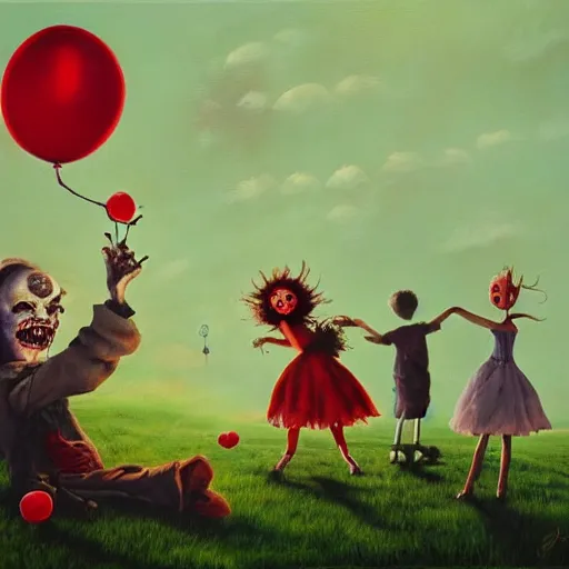 Image similar to grunge painting of a picnic with a wide smile and a red balloon by chris leib, loony toons style, pennywise style, corpse bride style, horror theme, detailed, elegant, intricate, conceptual, volumetric light