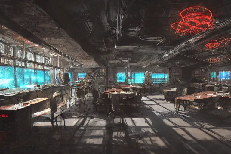 Image similar to ultra mega super hyper realistic Digital concept interior design in style of Hiromasa Ogura and Josan Gonzalez of cyberpunk tavern with stone walls and neon lights, a lot of electronics, many details in style of Hiromasa Ogura and Josan Gonzalez. Natural white sunlight from the transperient roof. Rendered in VRAY and DaVinci Resolve and MAXWELL and LUMION 3D, Volumetric natural light