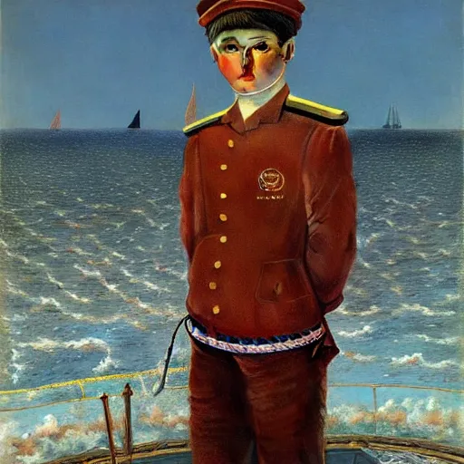 Image similar to painting of sailor boy hyperrealism vasily vereshchagin at harbor