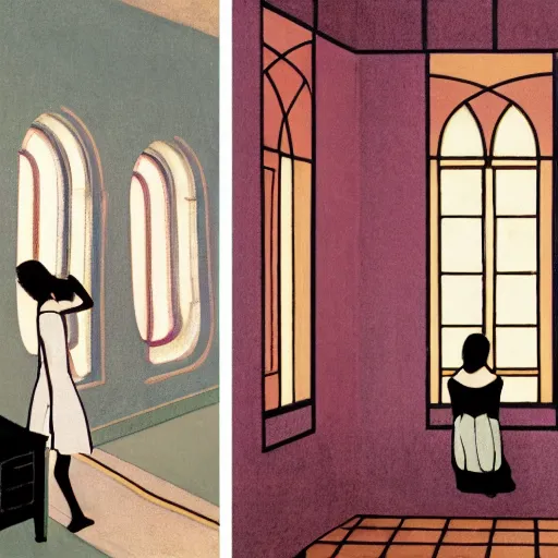 Image similar to a lonely girl in a room, film still by wes anderson, depicted by mackintosh, limited color palette, very intricate, art nouveau, highly detailed, lights by hopper, soft pastel colors, minimalist