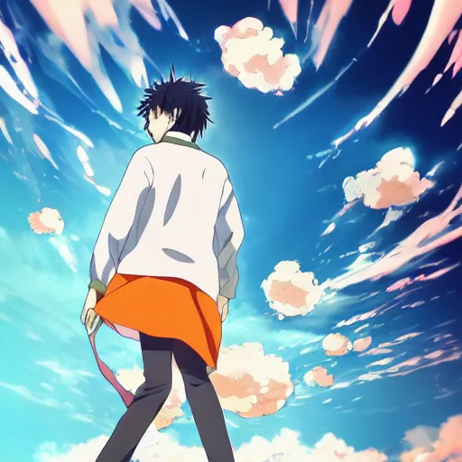 Image similar to anime key visual of a man walking on clouds with an orange longsleeve, official media, trending on artstation, in the style of takashi murakami