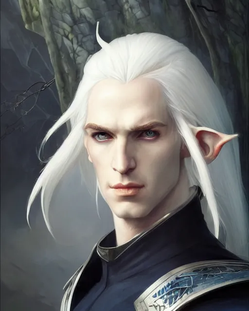 Image similar to character portrait of a slender young half white haired elven man with and piercing blue eyes and pale bluish skin, wearing sleek pearlescent black armor, by greg rutkowski and mark brookes and jim burns and tom bagshaw and magali villeneuve, trending on artstation