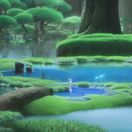 Image similar to wolf, forest, drinking water from an illuminated pool, hayao miyazaki, masashi ando, nizou yamamoto, kazuo oga, joe hisaishi, yoji takeshige, naoya tanaka