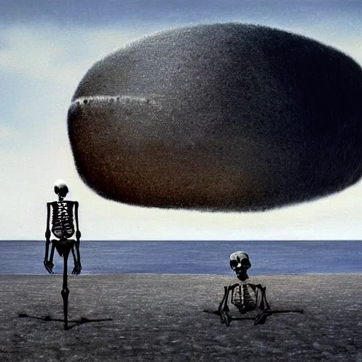 Prompt: a skeleton walking on a beach next to the ocean, nuclear bomb explosion in the background, a surrealist painting by Storm Thorgerson, featured on cg society, matte painting, realistic, chillwave