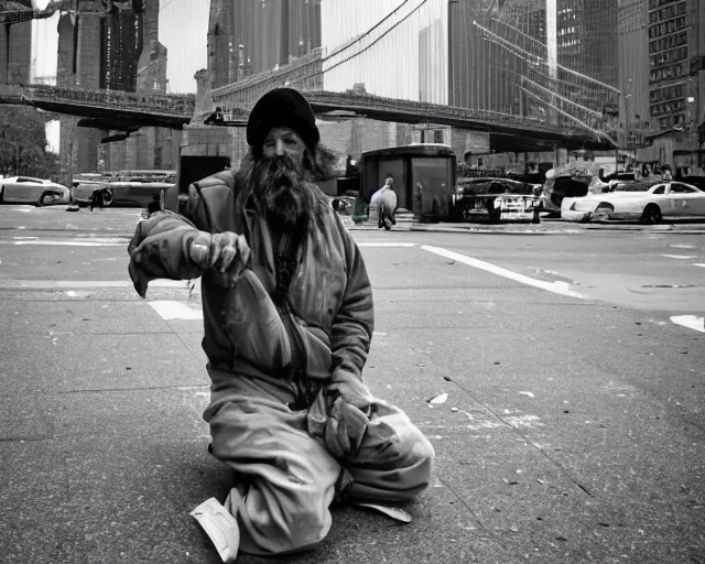 Image similar to a homeless man fly's in the sky. realistic image. new york city candid photo. hyperrealistic