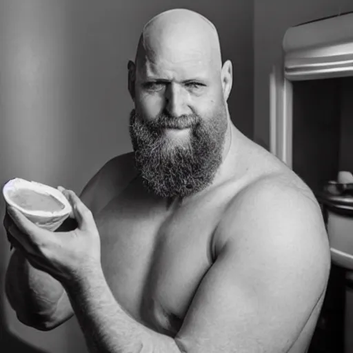 Prompt: ethan van sciver with a bald head and grey trimmed beard licking the butter in your fridge in the middle of the night, real photograph, dramatic lighting