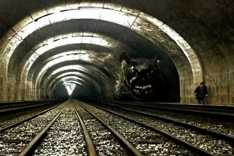 Image similar to very large giant mutant zombie irradiated ( angry rat ) staying on railways in tonnel of moscow subway. tonnel, railways, giant angry rat, very realistic. extreme long shot, low dark light, anish kapoor, herman nitsch, giger.