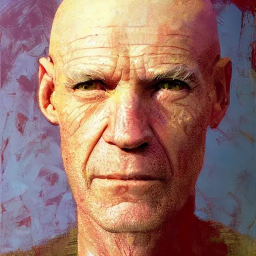 Prompt: full head portrait of a slender old white man, bald, stern, stubble. red stripe on head. 50mm, painting by ((Craig Mullins)), by !!Moebius!!, photo by Annie Leibovitz, mixed media