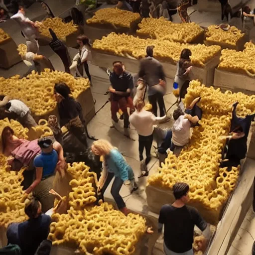 Image similar to a gathering of people trying to escape a dystopian city by climbing over a huge wall of mac n' cheese. still frame from a sci-fi movie.