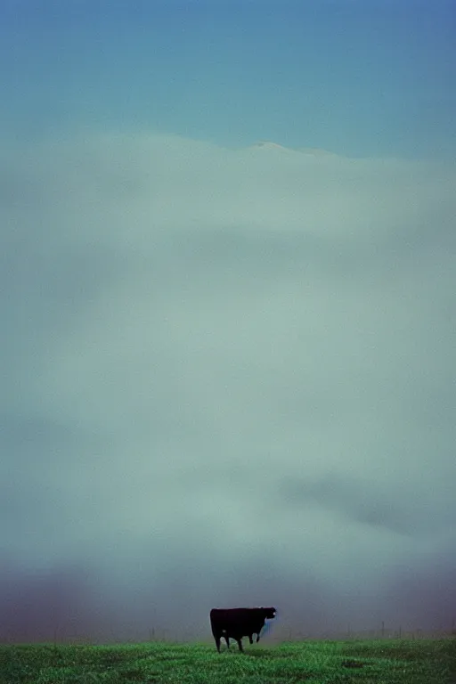 Image similar to film color photography, cow in the blue fog at the lawn, mountains in distance, 35mm