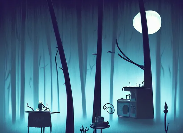 Prompt: Beautiful nostalgic digital art of a minimalistic dim lit kitchen from Tim Burtons Nightmare Before Christmas in autumn at night by Christopher Balaskas