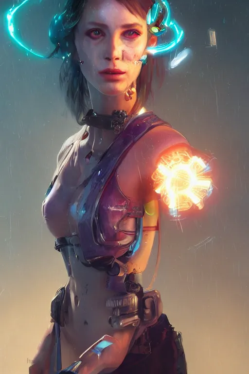 Prompt: A cyberpunk female heroine character portrait with a facial rash, prosthetic arm, and flowing ribbons of light pouring into her, cinematic lighting, hyper-detailed, cgsociety, 8k, high resolution, in the style of Charlie Bowater, Tom Bagshaw, Alexis Franklin, Elena Masci, Pawel Rebisz