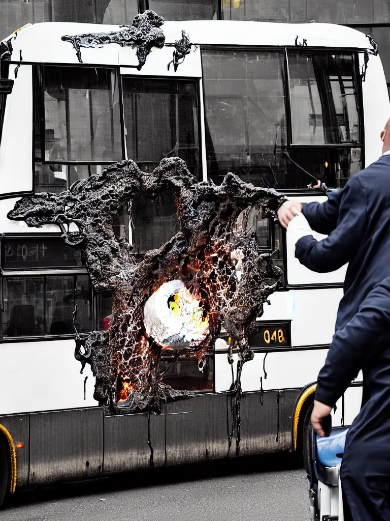 Prompt: a perfect portrait of a bus driver giving a deposition. his skin is expanding and bursting. leaking molten marshmallow from the fissures in his stretched, agonising skin.