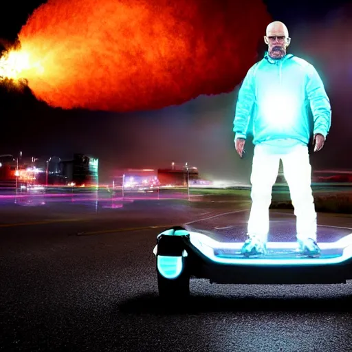 Image similar to photo of walter white on a hoverboard with an exploding car behind him, color, cinematic lighting