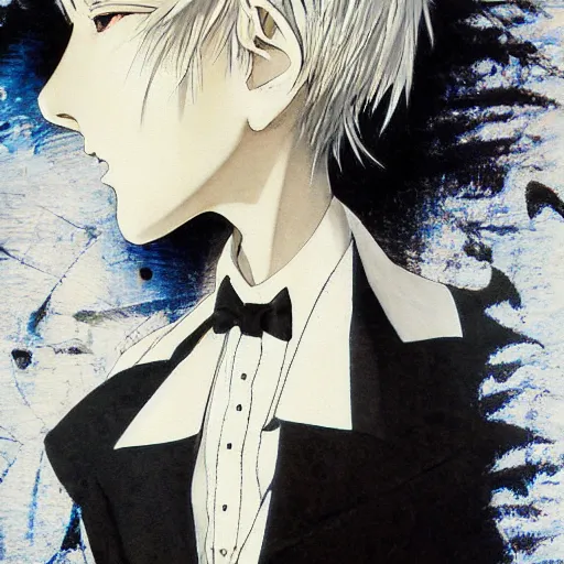 Image similar to Yoshitaka Amano realistic illustration of an anime girl with short white hair and black eyes wearing tuxedo, abstract black and white patterns on the background, noisy film grain effect, highly detailed, Renaissance oil painting