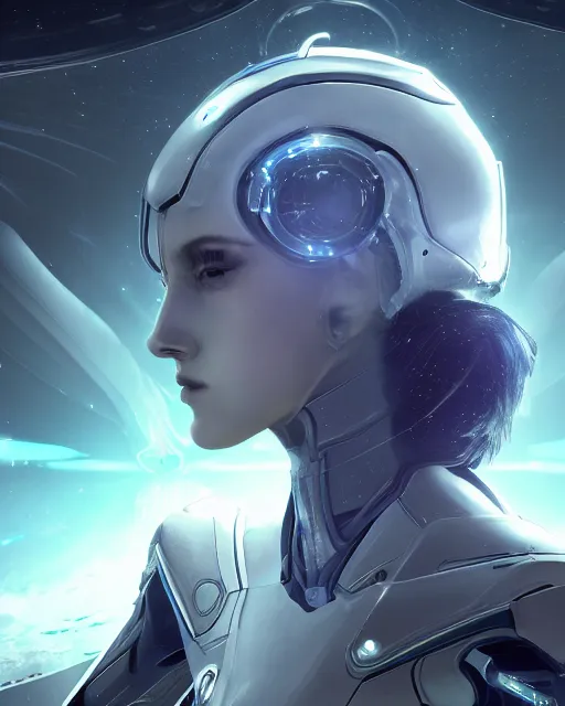 Prompt: photo of a android girl on a mothership, warframe armor, beautiful face, scifi, nebula, futuristic background, galaxy raytracing, masterpiece, ethereal, beauty, ponytail haircut, blue cyborg eyes, cosmic wind, flow state, 8 k high definition, insanely detailed, intricate, innocent, art by akihiko yoshida, antilous chao, woo kim