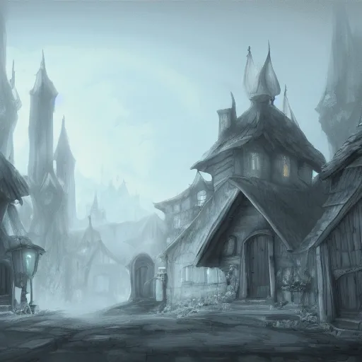 Prompt: A dilapidated foggy village with black mages walking around as seen in final fantasy 9 Vivi, digital painting, concept art, artstation