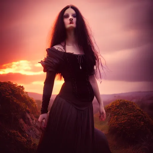 Image similar to photographic portrait of a stunningly beautiful gothic female in soft dreamy light at sunset, contemporary fashion shoot, by edward robert hughes, annie leibovitz and steve mccurry, david lazar, jimmy nelsson, breathtaking, 8 k resolution, extremely detailed, beautiful, establishing shot, artistic, hyperrealistic, beautiful face, octane render